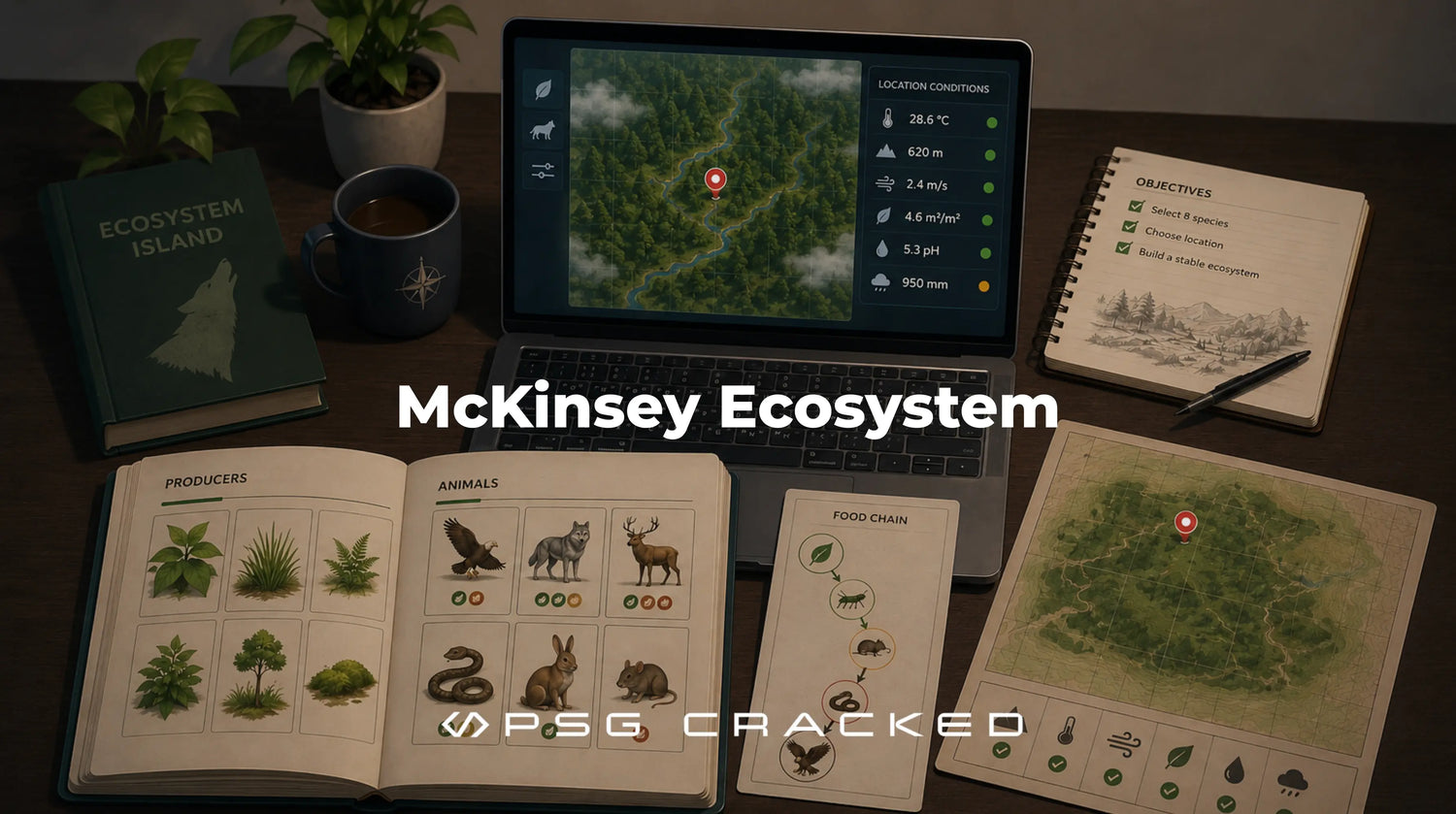 McKinsey Ecosystem game workspace showing ecosystem-building mechanics with animal food chains, environmental conditions, species selection, and island planning maps.