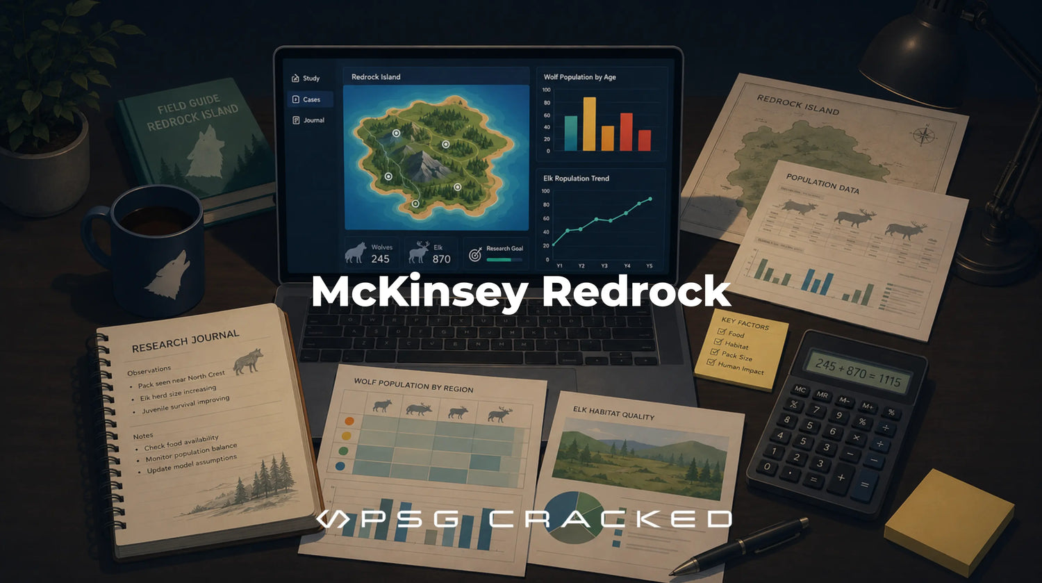 McKinsey Redrock assessment workspace with island ecosystem maps, wildlife population charts, research notes, and analytical dashboards focused on ecological balancing.