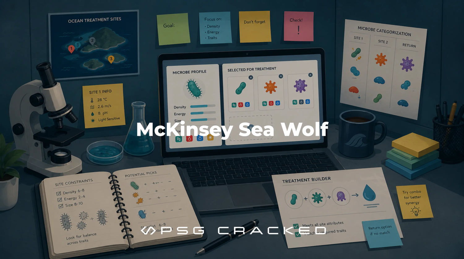 McKinsey Sea Wolf game setup featuring microbe categorization, treatment selection tools, laboratory notes, and ocean cleanup research visuals.