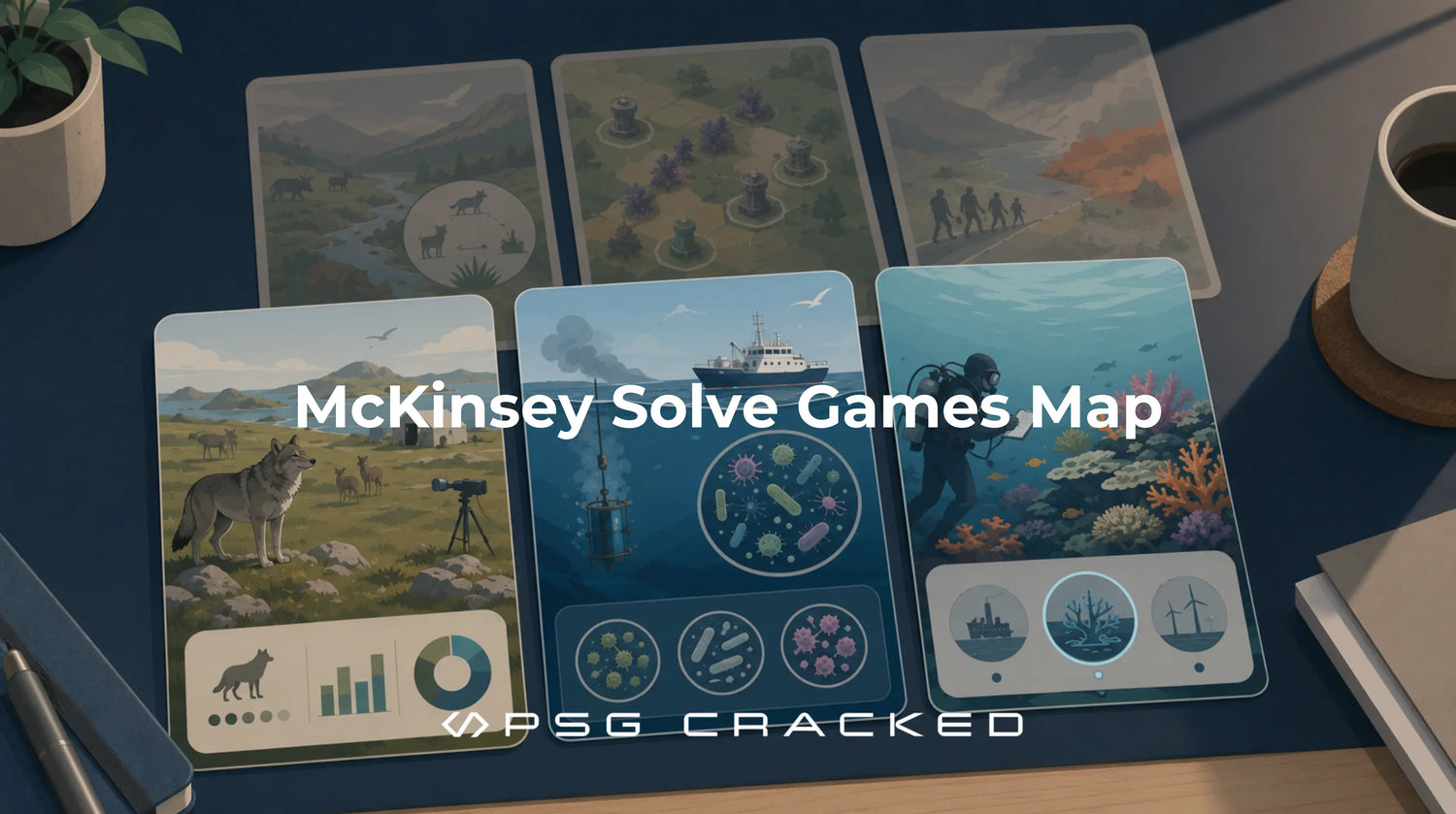 Visual map of McKinsey Solve assessment games displayed as illustrated cards featuring wildlife research, ocean microbiology, and underwater sustainability themes.