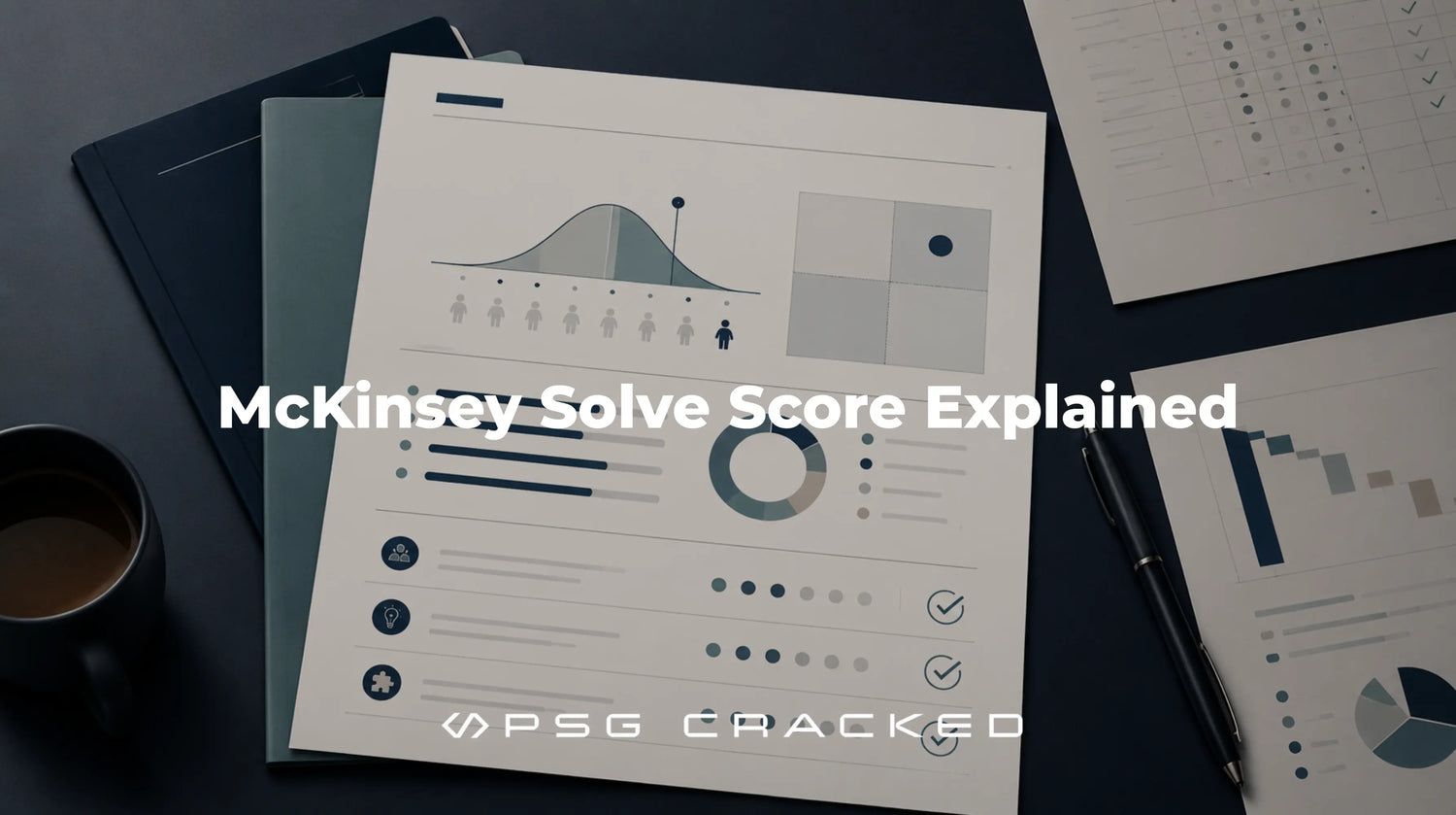 Minimal assessment scoring report illustrating percentile rankings, evaluation charts, and candidate benchmarking for the McKinsey Solve score.