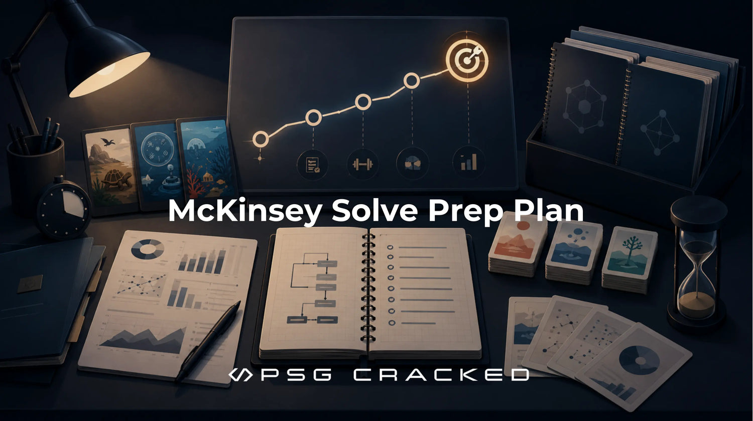Structured McKinsey Solve preparation roadmap with study materials, progress tracking, analytical exercises, and assessment strategy visuals on a dark workspace.