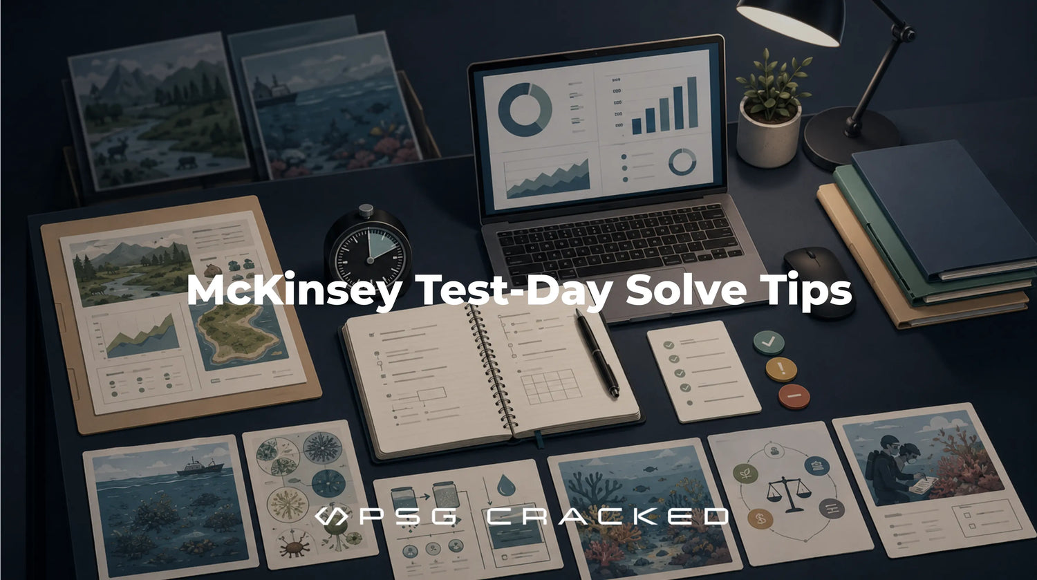 Organized McKinsey Solve preparation desk with assessment notes, timing tools, analytics dashboards, and game-related study materials for Redrock, Sea Wolf, and Sustainable Futures Lab.