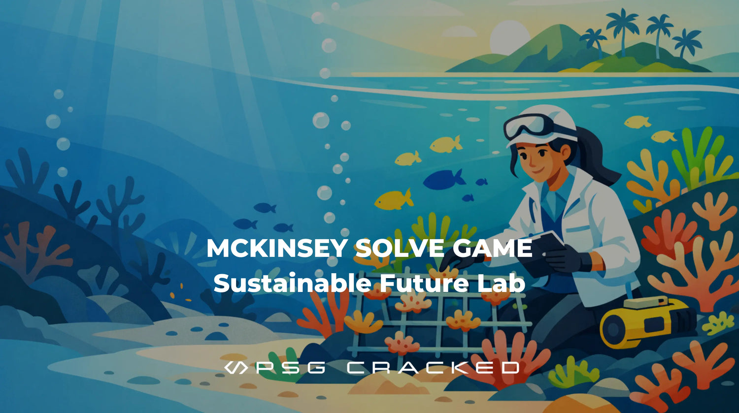 Illustration of a researcher underwater with coral and fish, promoting the Mckinsey Solve Game Sustainable Future Lab game.