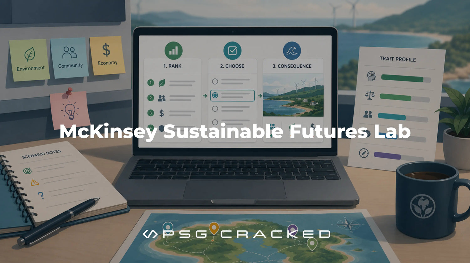 Laptop displaying a sustainability ranking and decision-making workflow for the McKinsey Sustainable Futures Lab game, surrounded by environmental planning notes and trait profile charts.