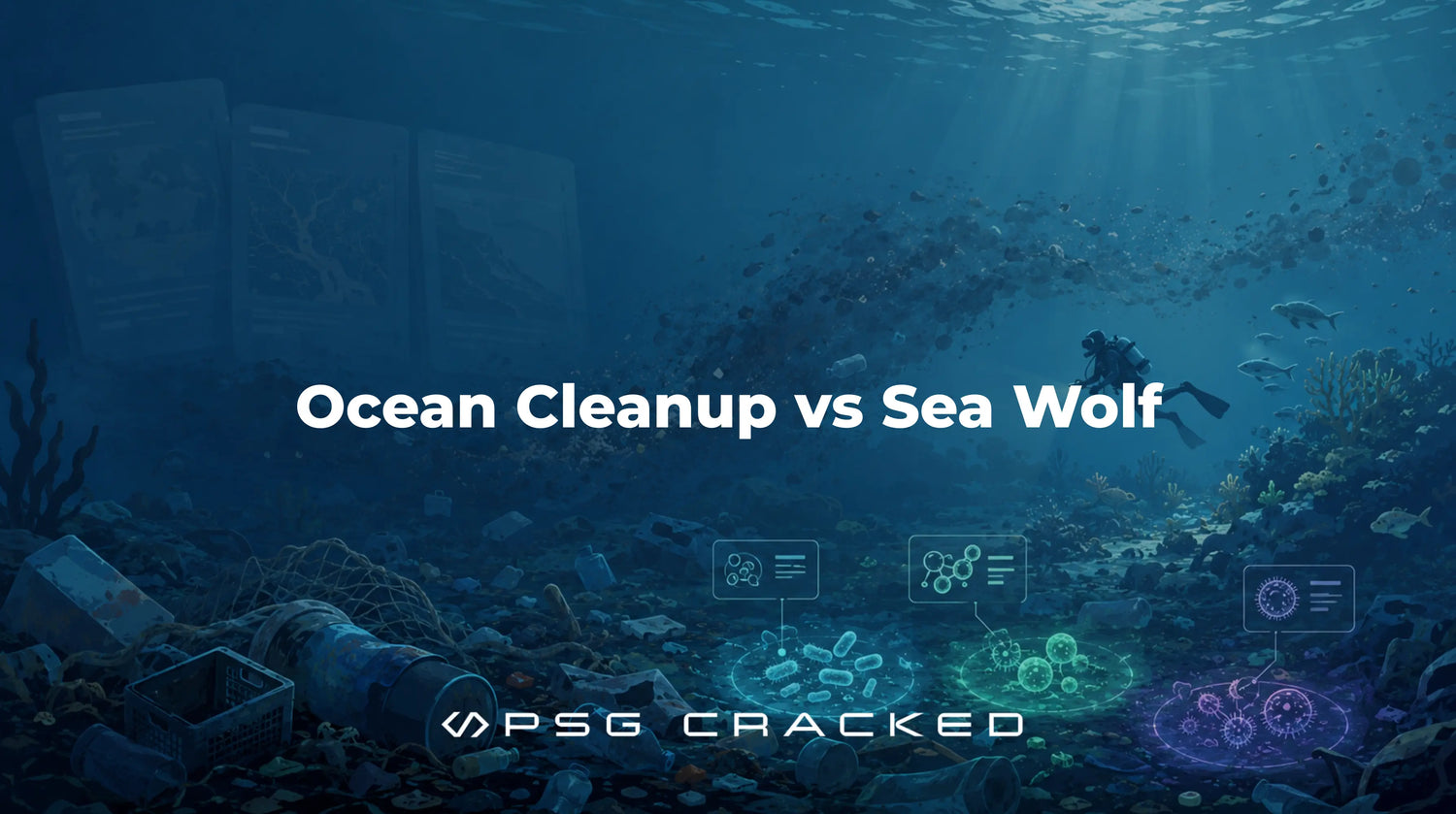 Underwater pollution cleanup scene comparing the legacy Ocean Cleanup assessment with the McKinsey Sea Wolf game, featuring microbes, marine debris, and a diver exploring the ocean floor.