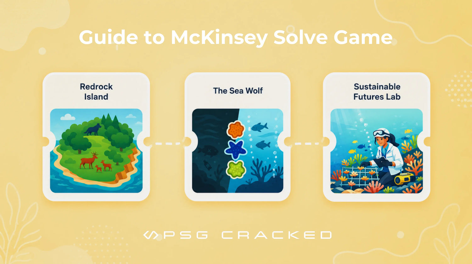 Simplified visual overview of the McKinsey Solve games showing Redrock Island, Sea Wolf, and Sustainable Futures Lab as connected assessment cards.