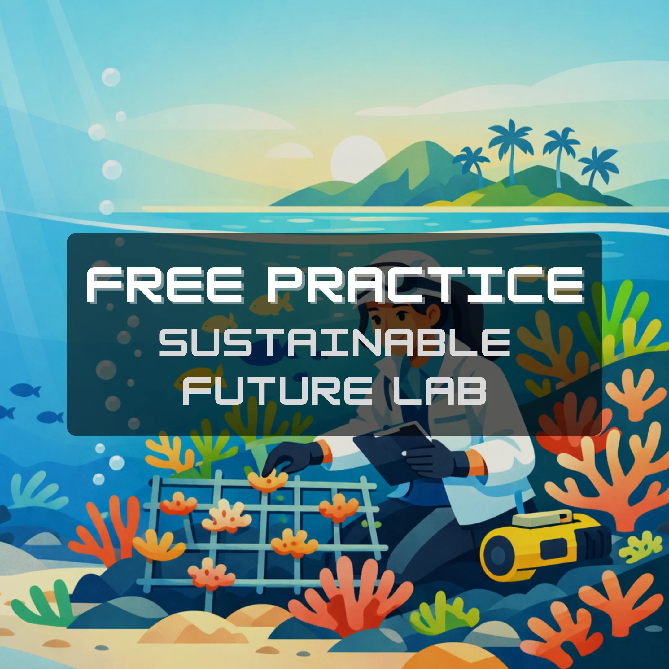 Person sitting on a coral reef with text 'Free Practice Sustainable Future Lab' and underwater scene.