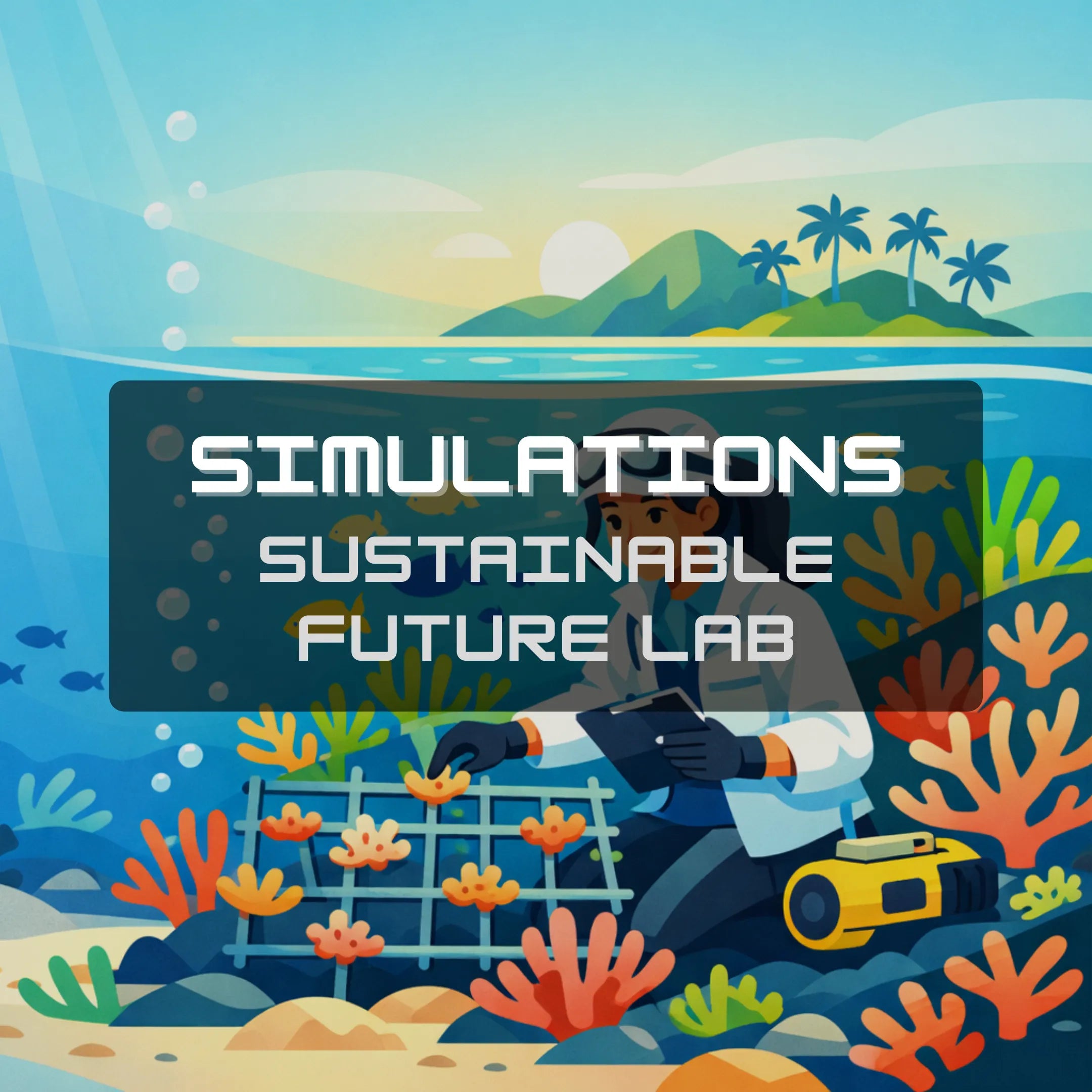 Illustration of a person working on a computer with an underwater scene and 'Simulations Sustainable Future Lab' text.